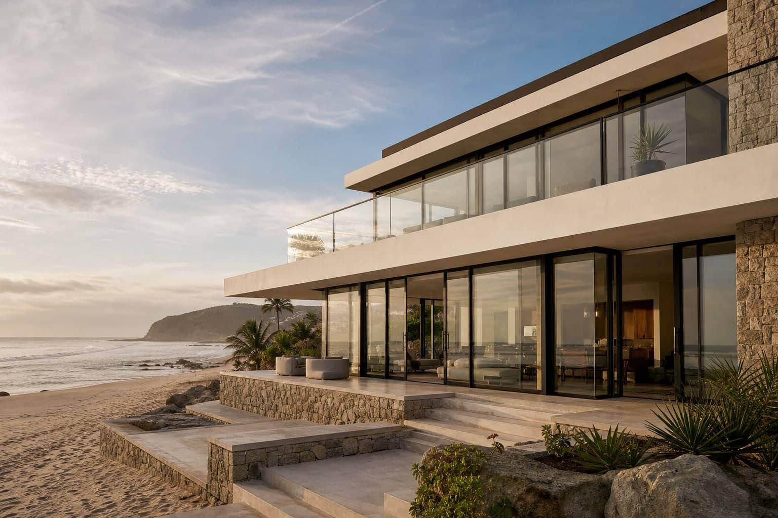Casa contemporánea de vidrio en la costa